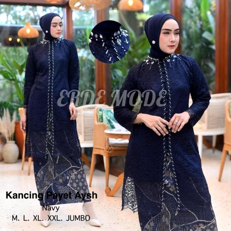 Product Introduction of Setelan kebaya kancing brokat jumbo LD 130 mix rok plisket/kebaya tunik moderen 8