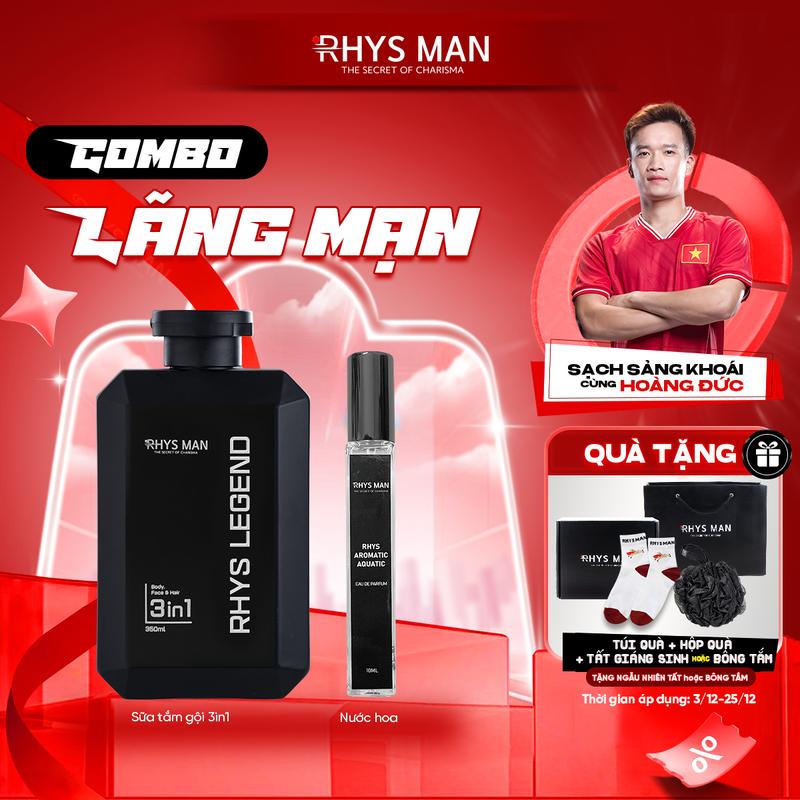 Combo Lãng Mạn RHYS MAN - Sữa tắm gội hương nước hoa cao cấp 350ml & Nước hoa nam tính lịch lãm 10ml 50ml RHYS MAN | Tặng 1 Set túi hộp và Bông tắm than tre Dưỡng Thể