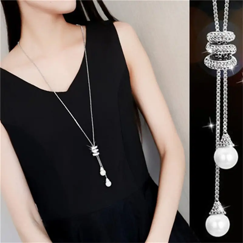 Vòng Cổ Nữ Thanh Lịch, JA, Vòng Cổ Mặt Dây Chuyền Kim Cương Giả Lấp Lánh, Dây Chuyền Áo Len Dài Thời Trang, Vòng Cổ Kim Cương Giả Cổ Điển Hình Tròn Cho Nữ, 1 Chiếc