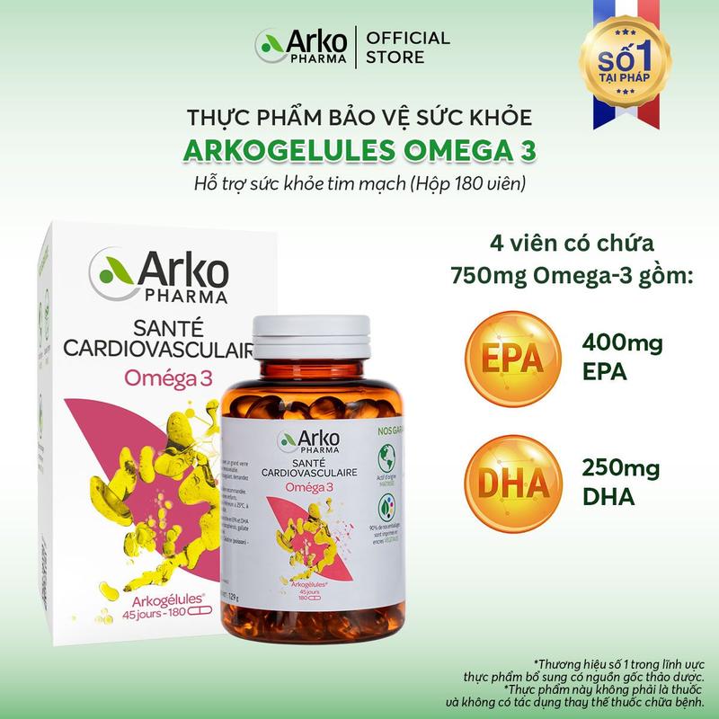 Thực phẩm bảo vệ sức khỏe ARKOPHARMA ARKOGELULES OMEGA 3 - Hỗ trợ tăng cường sức khỏe tim mạch Hộp 180 viên