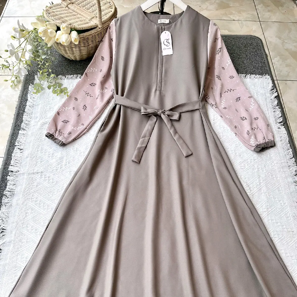 AZALEA DRESS SHAKILLA & YORIS GAMIS polos kombinasi lengan motif bunga Gamis Simple elegant Muslim anggun polos sage
