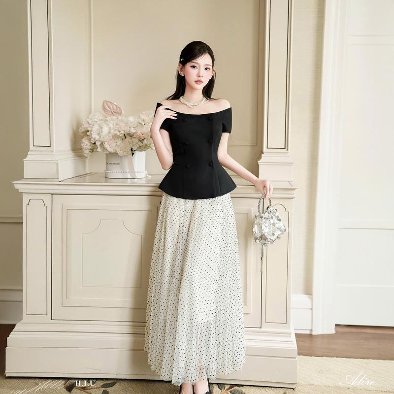 Josi Top | Áo thiết kế trễ vai chất liệu text hàn cao cấp HIU Fashion | style thanh lịch sang trọng HIU design