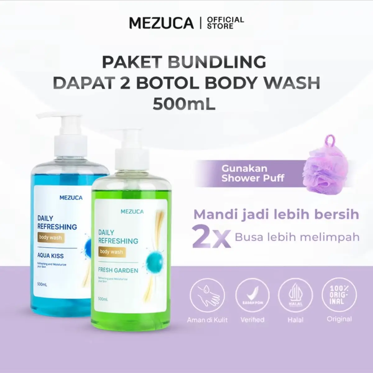 ￼Dapat 2 Sabun Mandi Mezuca Daily Refreshing Bodywash Free Shower Puff Body Wash Cair Soap Mencerahkan Pencerah