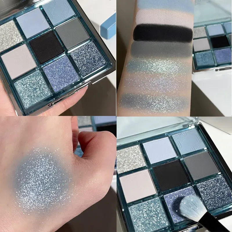 Palet eyeshadow 9 warna, palet all-in-one eyeshadow hitam dan abu-abu punk yang imut dan segar, eyeshadow matte untuk kontur dan riasan mata