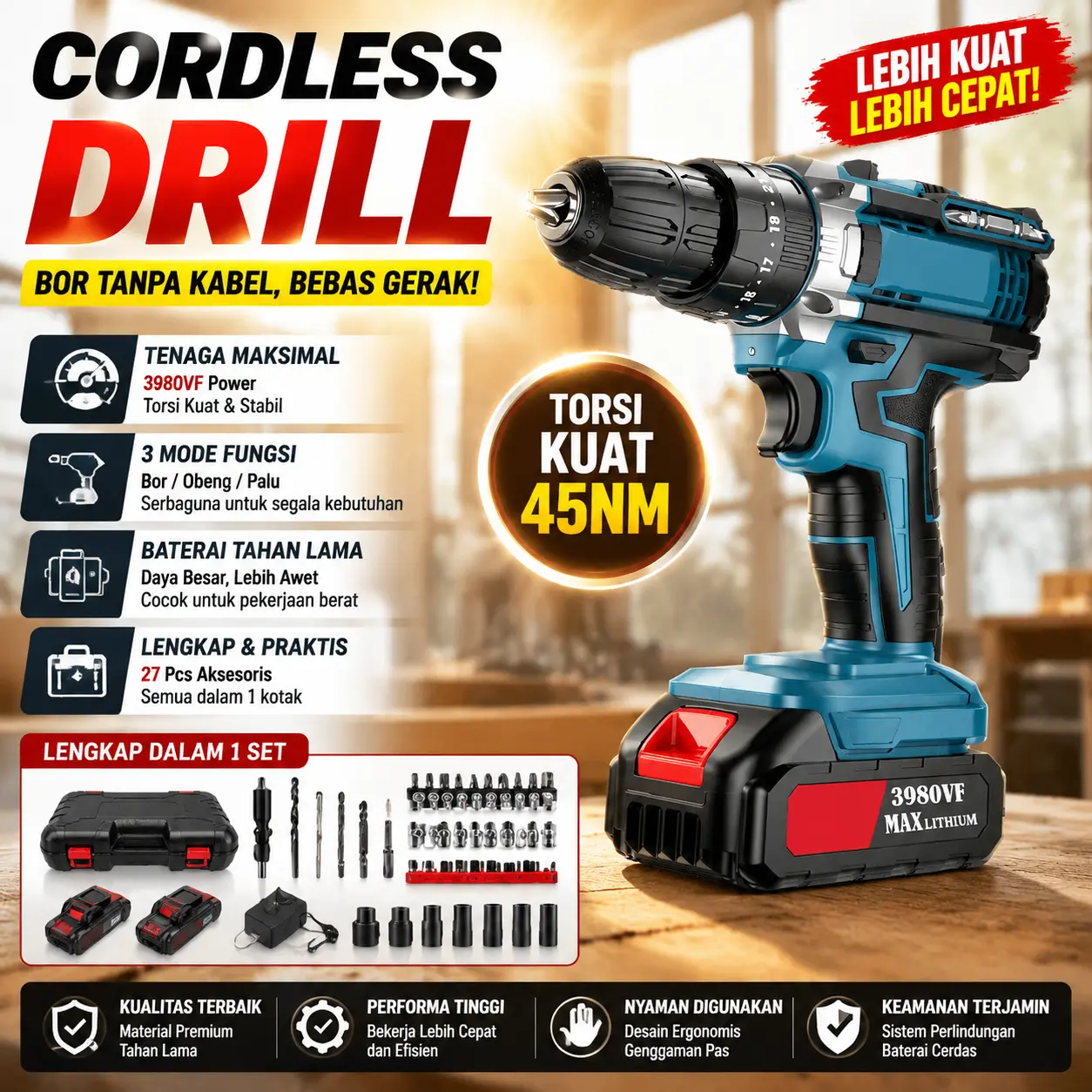 COD Mesin Bor Cordless 198VF 10mm 2 Baterai Cas Heavy Duty Multifungsi Untuk Beton Tembok Kayu Besi Portable DIY bormurah