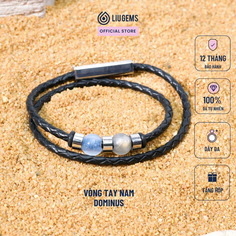 Vòng Tay Nam 2 Viên Đá Tự Nhiên 8 Ly Liugems Dominus Dây Da Và Thép Không Gỉ Unisex Phong Cách VTDD02 (Mua một, tặng một hộp đựng trang sức miễn phí)
