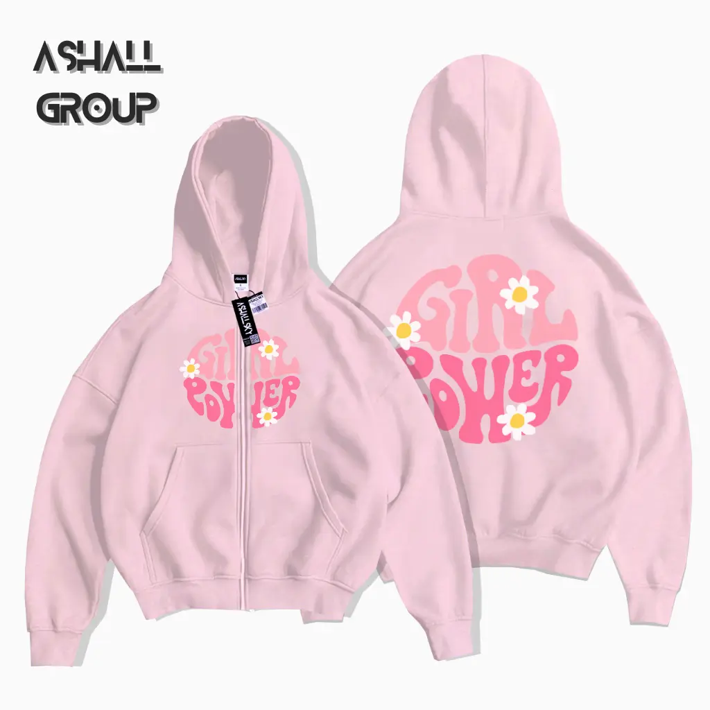 Berdine Jaket Hoodie Zipper Boxy Motif Girl Powrs Kekinian Bahan Katun Gsm 28 Edisi Dusty Pink