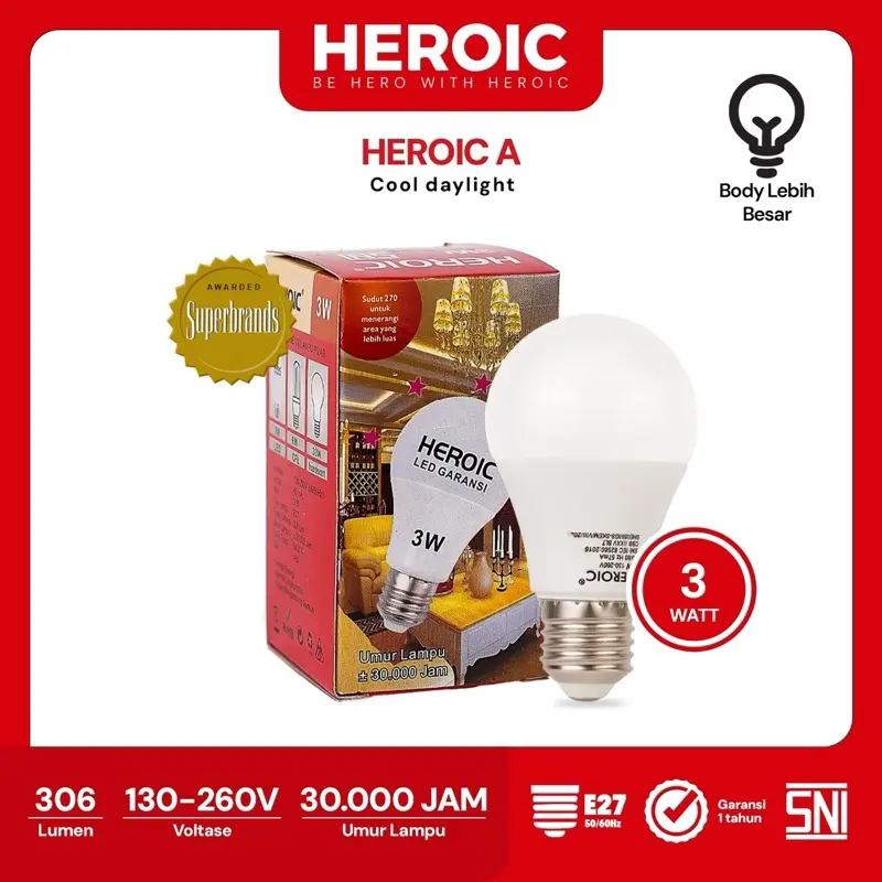 Lampu Heroic LED A 3 Watt / Bohlam LED Lampu Hemat Energi SNI