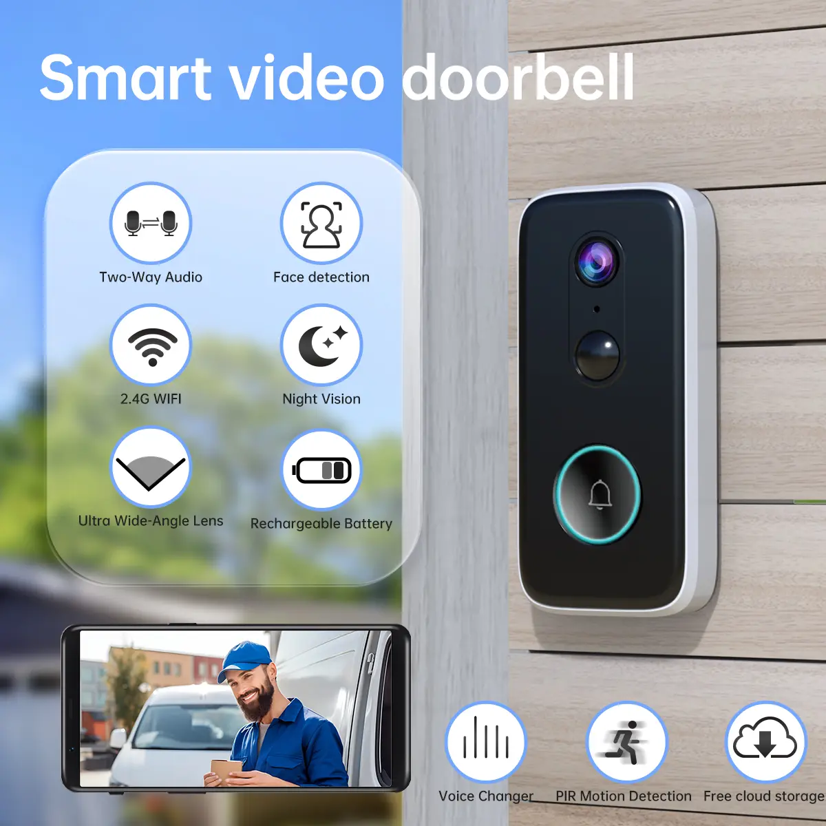 Chuông cửa video không dây WiFi, Camera an ninh CCTV, Chuông cửa âm nhạc thông minh, Chuông cửa sân Vườn, Cảm biến chân dung tự động, Báo động chống phá hoại, Màn hình chuyển động, Lưu trữ đám mây vĩnh viễn miễn phí