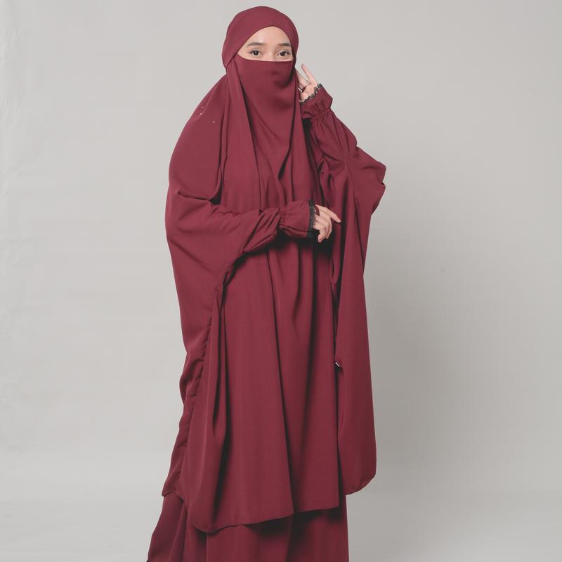 French Khimar tangan Renda syari Bahan Wolfis Malebbii Wardrobe hitam jilbab muslim  panjang  karet instan 5