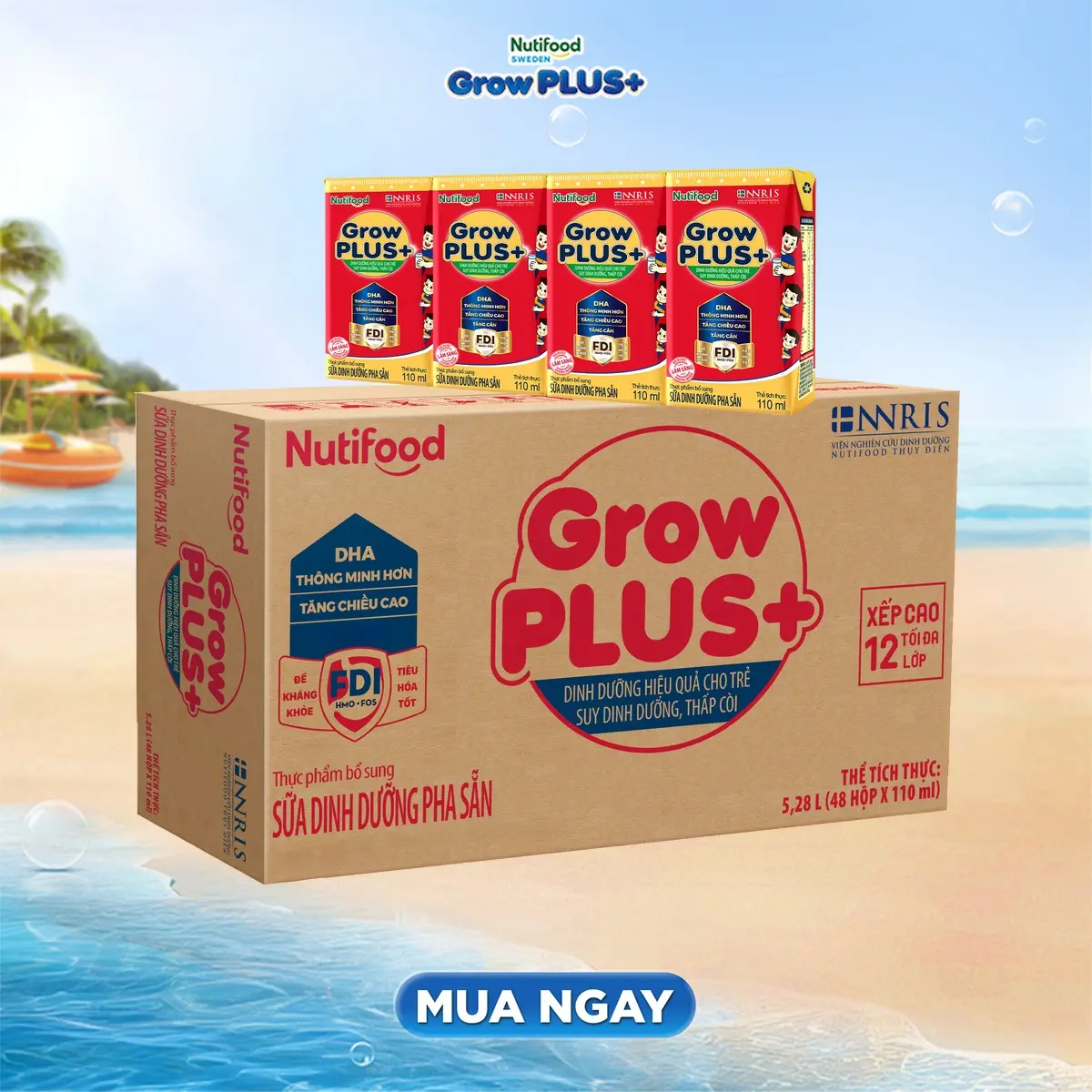 [CÓ ĐƯỜNG/ÍT ĐƯỜNG] Thùng Sữa Bột Pha Sẵn Nutifood GrowPLUS+ Suy Dinh Dưỡng - Thùng 48 hộp x 110ml