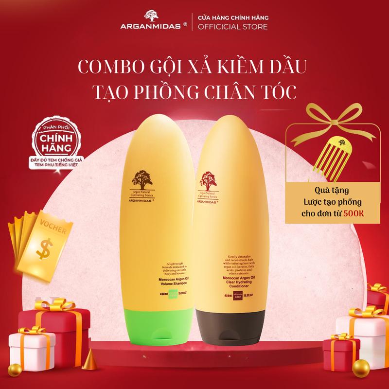 [ARGANMIDAS OFFICIAL] Bộ Dầu gội Dầu Xả Kiềm dầu tạo phồng chân tóc ARGANMIDAS Thương Hiệu Quốc Tế với tinh dầu Argan quý hiếm, hỗ trợ kiểm soát dầu thừa, giúp tóc bồng bềnh, lâu bết - 450ml x 2, bộ gồm 2 chai, K1