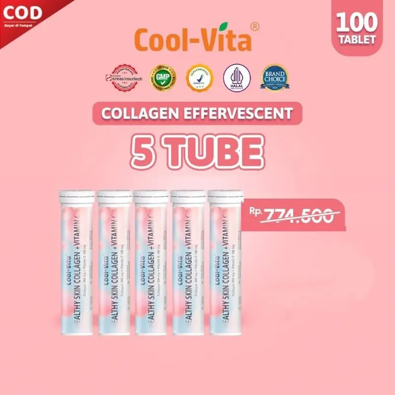 [TT] Cool-Vita 100 Tablet 5 Tube Collagen Effervescent Rasa Peach Mengandung 500mg Fish Collagen dan 100mg Vitamin C Membantu Merawat Kesehatan Kulit | BPOM & HALAL