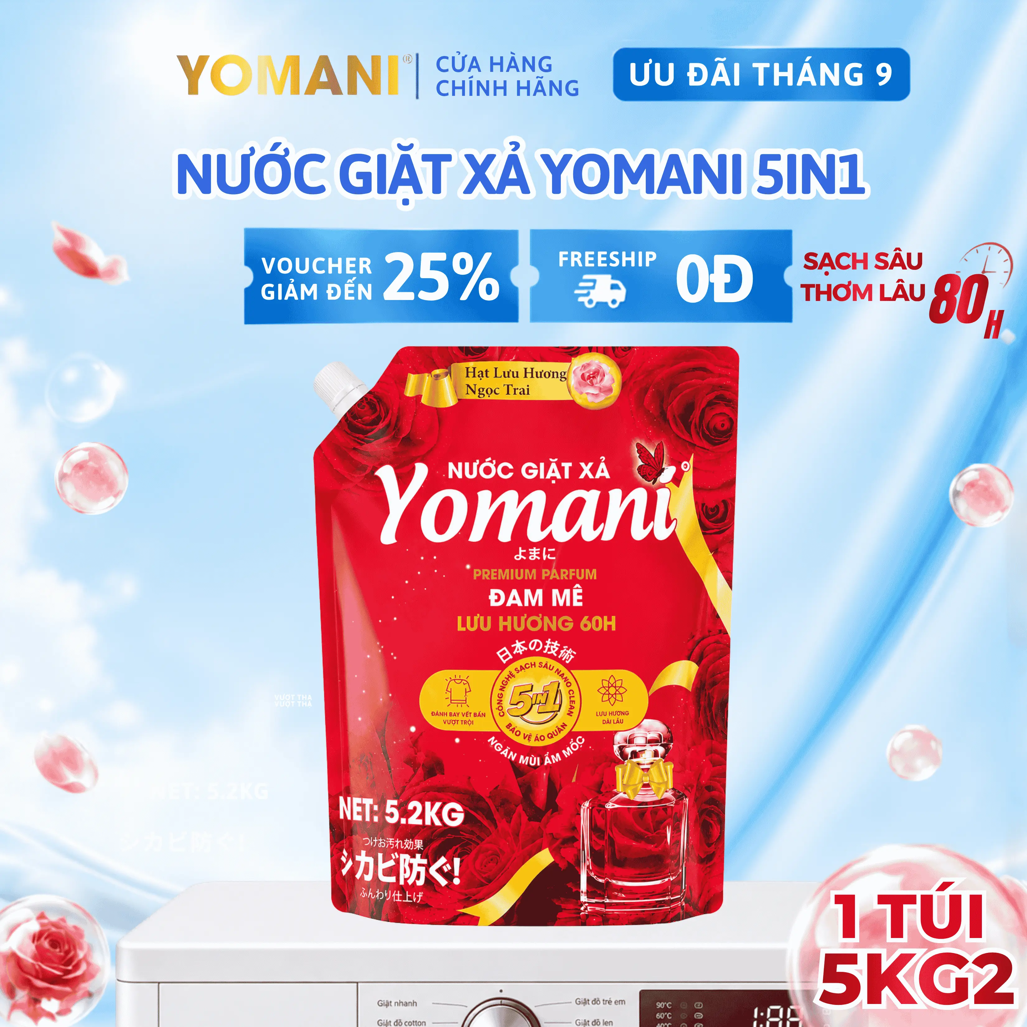 [Độc quyền KOL CAM Academy] 5KG2- 1 TÚI Nước Giặt Xả YOMANI Hương Nước Hoa, Lưu Hương Bền Lâu, Giặt Sạch Bụi Bẩn, An Toàn Cho Da, Tiết Kiệm Cho Cả Gia Đình