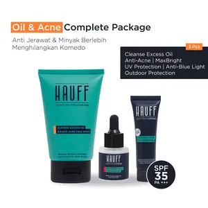 HAUFF OIL & ACNE COMPLETE PACKAGE | Paket Lengkap Skincare Pria | Anti Jerawat | Mengangkat Kotoran & Minyak Berlebih | Menghilangkan Komedo | Mencerahkan Wajah Kusam | Charcoal, Niacinamide, Alpha Arbutin, Acid Complex, 10-Fruit Extract Complex