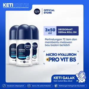 (PAKET HEMAT ISI 3) NIVEA MEN Deodorant Antiperspirant Roll On Derma Control Defend 50ml - Deodoran pria skin barrier kulit ketiak sensitif melindungi anti keringat berlebih bau badan penggunaan harian - Hyaluron, Vitamin B5,  0% Alkohol, Halal