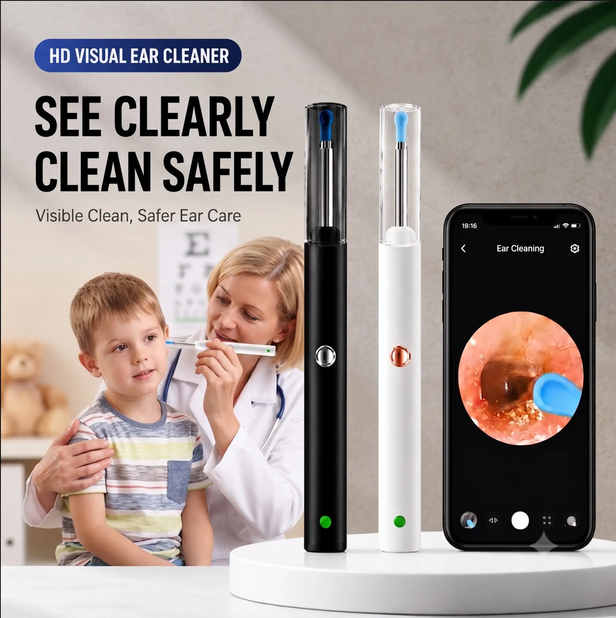 KAKIM IPembersih telinga bayi memiliki desain tahan air dan dilengkapi dengan kamera sendok telinga untuk memudahkan pembersihan kotoran telinga. Produk ini juga menyertakan delapan penutup sendok telinga silikon yang aman untuk mencegah cedera telinga.