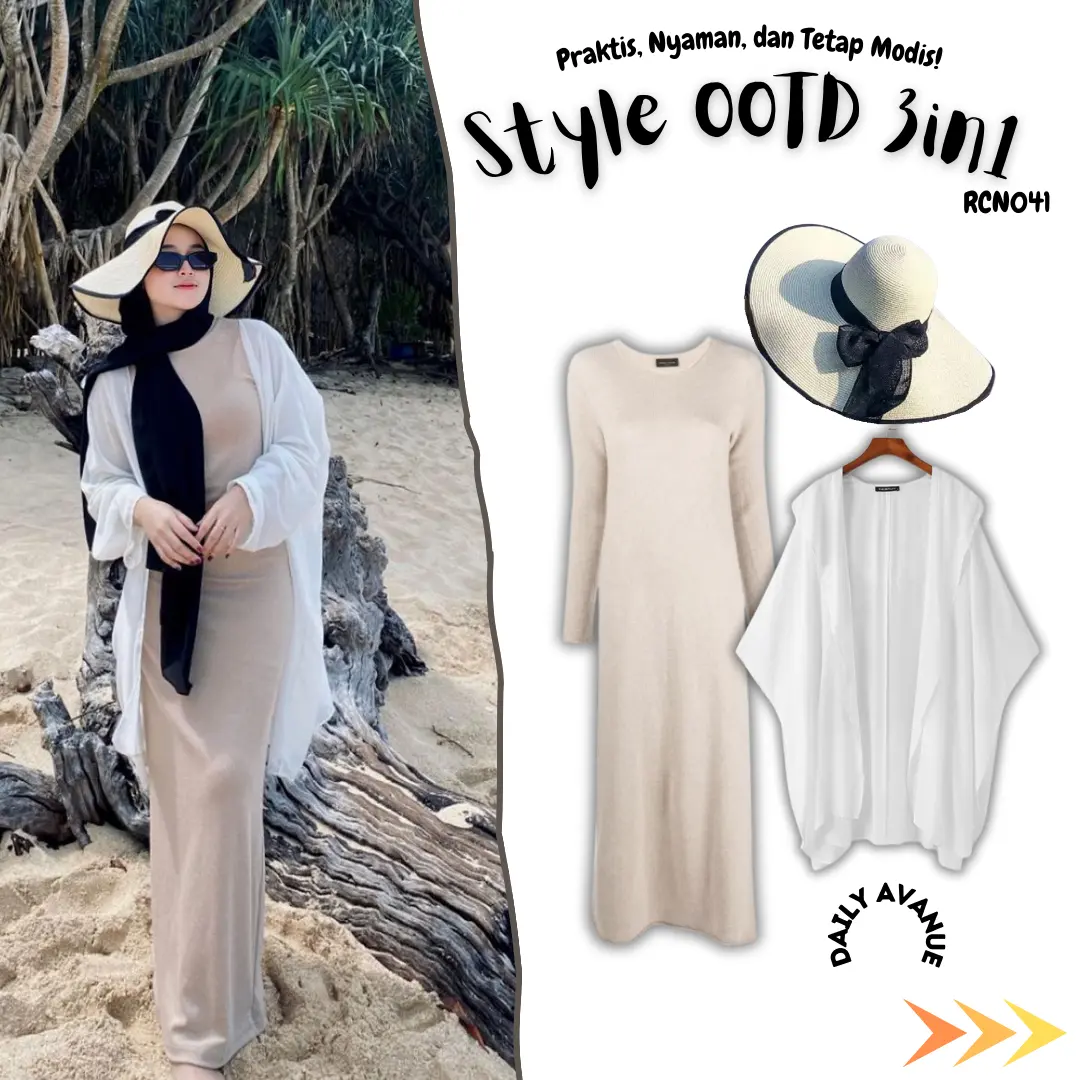 Style One set OOTD 3in1 Wanita Kekinian Long Dress Knit & Topi pantai lebar list hitam MIX Cardigan Outer Cardy Premiun Kualitas Bagus Polos Nyaman Panjang