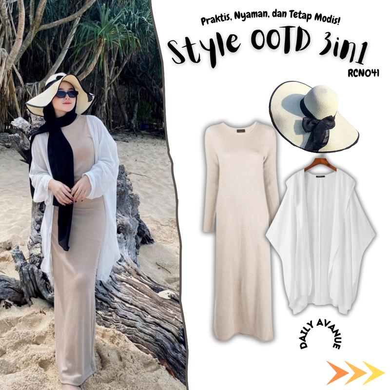 Style One set OOTD 3in1 Wanita Kekinian Long Dress Knit & Topi pantai lebar list hitam MIX Cardigan Outer Cardy Premiun Kualitas Bagus Polos Nyaman Panjang 0
