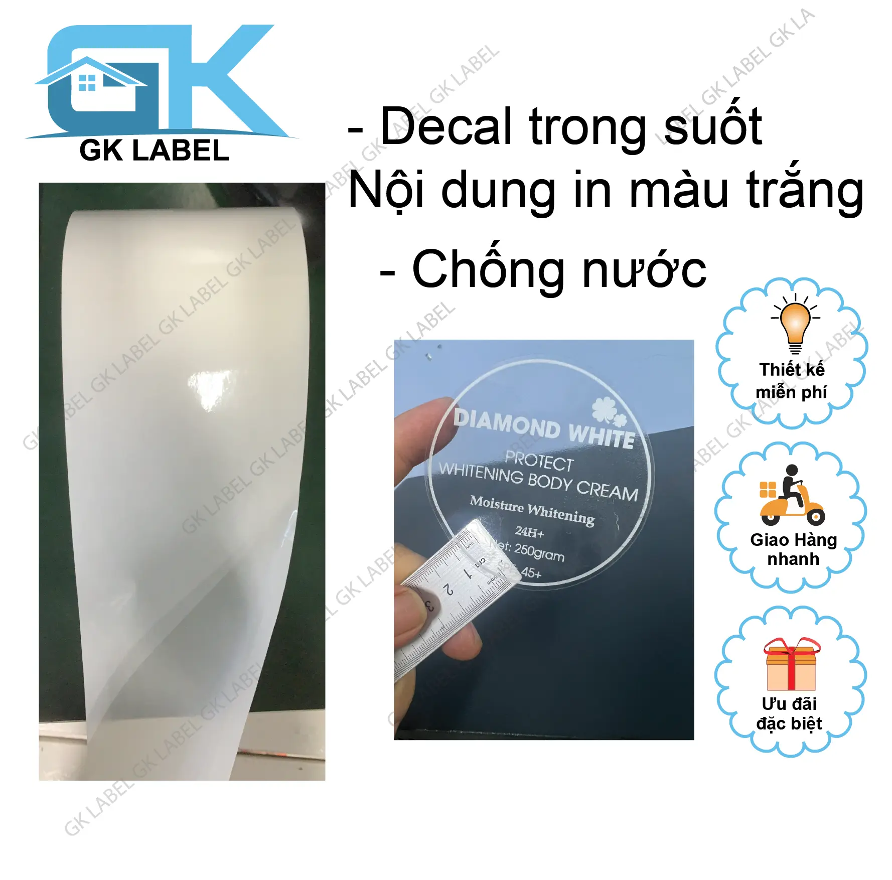 In tem nhãn trong suốt nội dung in màu trắng- Chống nước - Thiết kế theo yêu cầu - MIỄN PHÍ THIẾT KẾ
