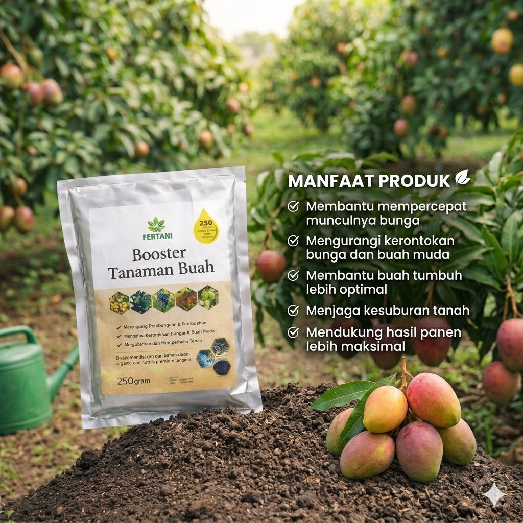 Pupuk Booster Tanaman Buah Membantu Merangsang Pembungaan dan Pembuahan, Mempercepat munculnya bunga, Mengurangi Kerontokan Bunga dan Buah Muda, Buah Tumbuh Lebih Optimal, Menjaga Kesuburan Tanah, dan Mendukung Hasil Panen Lebih Maksimal