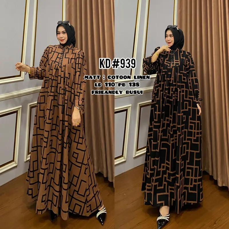 Gamis KD 939 motif kotak bahan katun linen / gamis / katun linen 2
