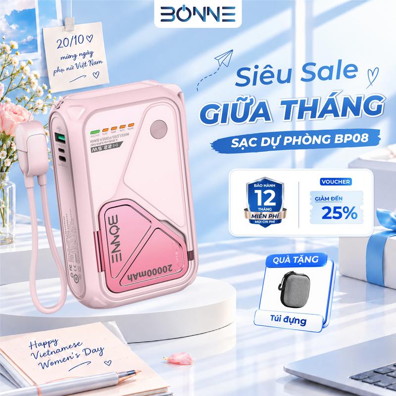 HÀNG CÓ SẴN - (Tặng Túi Đựng Cao Cấp) Sạc Dự Phòng Bonne TECHNOLOGIQUE BP08 10.000mAh/20.000mAh Không Dây Kiêm Củ Sạc Nhanh Bảo Hành 12 Tháng