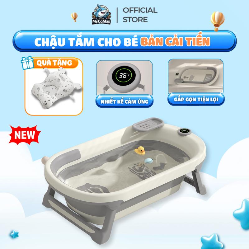 Chậu Tắm Gấp Gọn Cho Bé Thau Tắm Cho Bé Kèm Phao Loại To Dày Dặn Có Nhiệt Kế Nút Thoát Nước Tiện Lợi P-CT03