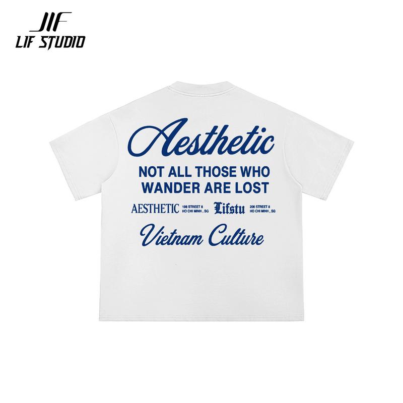 Áo thun Unisex LIFSTUDIO in nổi Aesthetic Logo 200 Cổ tròn in chữ Nam Nữ Menswear - Màu đen - Trắng - Xám nâu