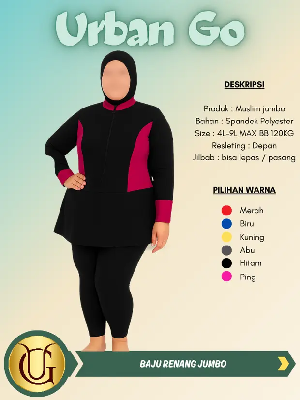 Urban Go Setelan Baju Renang Jumbo Model Muslim Sama Hijab Lengkap Atasan Bawahan Ukuran Super Jumbo Muat BB Besar Bahan Melar Nyaman Wanita