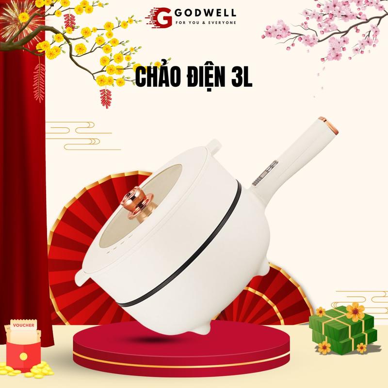 Chảo Điện Đa Năng Chống Dính Mini GODWELL Dung Tích 3L Nồi Lẩu Điện Có Tay Cầm Điều Chỉnh Nhiệt Độ