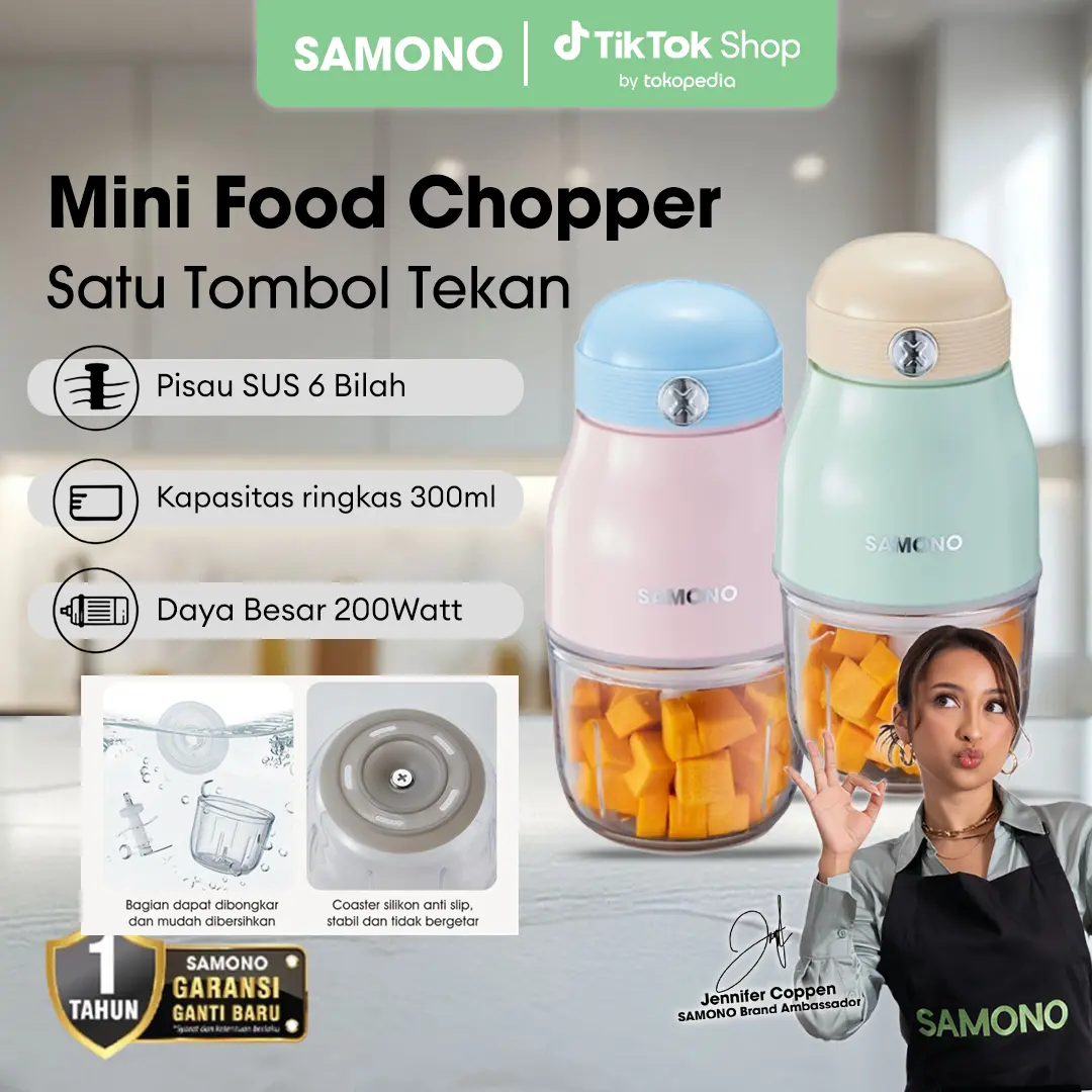 (GUNCANG 8.8) SAMONO Mini Food Chopper 300ml – Penggiling Daging & MPASI Bayi, 6 Mata Pisau Stainless 【SW-C190】