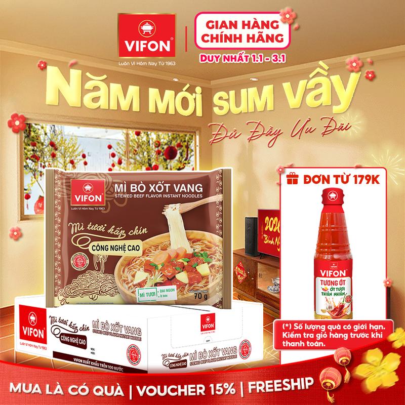 VOUCHER HOT 15% Thùng 30 gói Mì Tươi Bò Xốt Vang Thịt Bằm Tôm Chua Cay VIFON 70gr Gói