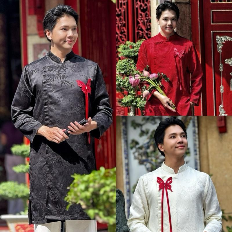 Mở Bán Tặng Cài Áo Áo Dài Nam Cách Tân Áo Dài Tết Gấm TRÚC - ĐÀO chất liệu dày dặn thoáng mát họa tiết dập nổi trên áo Mr Smile 99 AD08