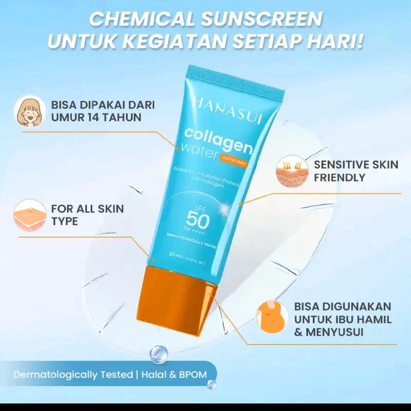 Hanasui Collagen water sunscreen - SPF 30 - SPF 50 - Ringan dan menenangkan Kulit No Whitecast Wajah Tidak Kusam Berminyak 7