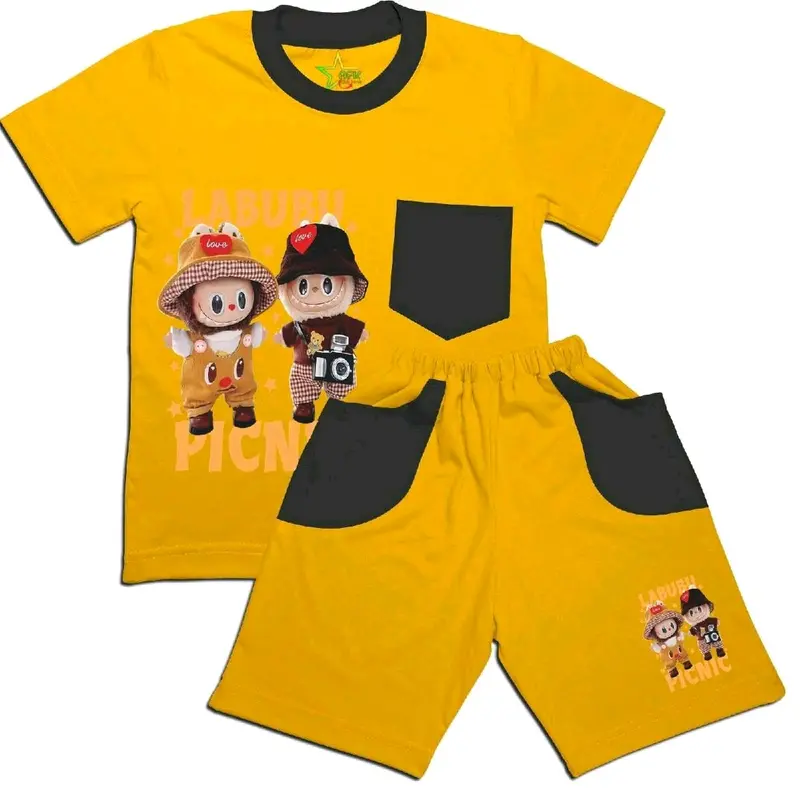 Stelan kaos anak karakter lucu Labubu picnic berbahan lembut usia 2-8th Fashion Celana Set Katun 2