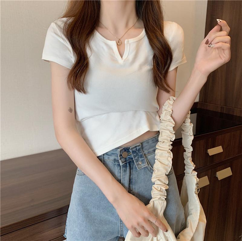 Product Introduction of Summer slim fit crop top spicy girl outfit T-shirt short sleeved plain color, comfortable and breathable, paired with jeans 21