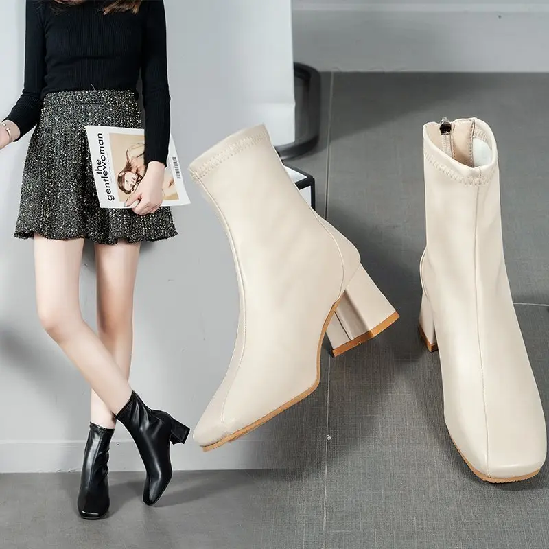 JINxCHOY SHOES Winter Fashion 6cm High Heel PU Leather Short Boots Breathable and Non slip Back Zipper Easy to Wear and Take Off Women's Boots Cheap Wholesale Price SS24