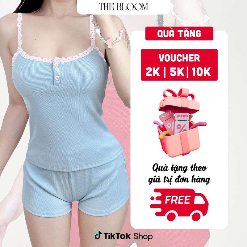 THE BLOOM Set Bộ Đồ Ngủ Nữ Áo 2 Dây Ren Dáng Ôm Cổ Trụ Phối Nút Và Quần Đùi Dáng Ngắn Chất Gân Cotton Lụa, Set Ngủ Nữ Mùa Hè Quyến Rũ - SE057