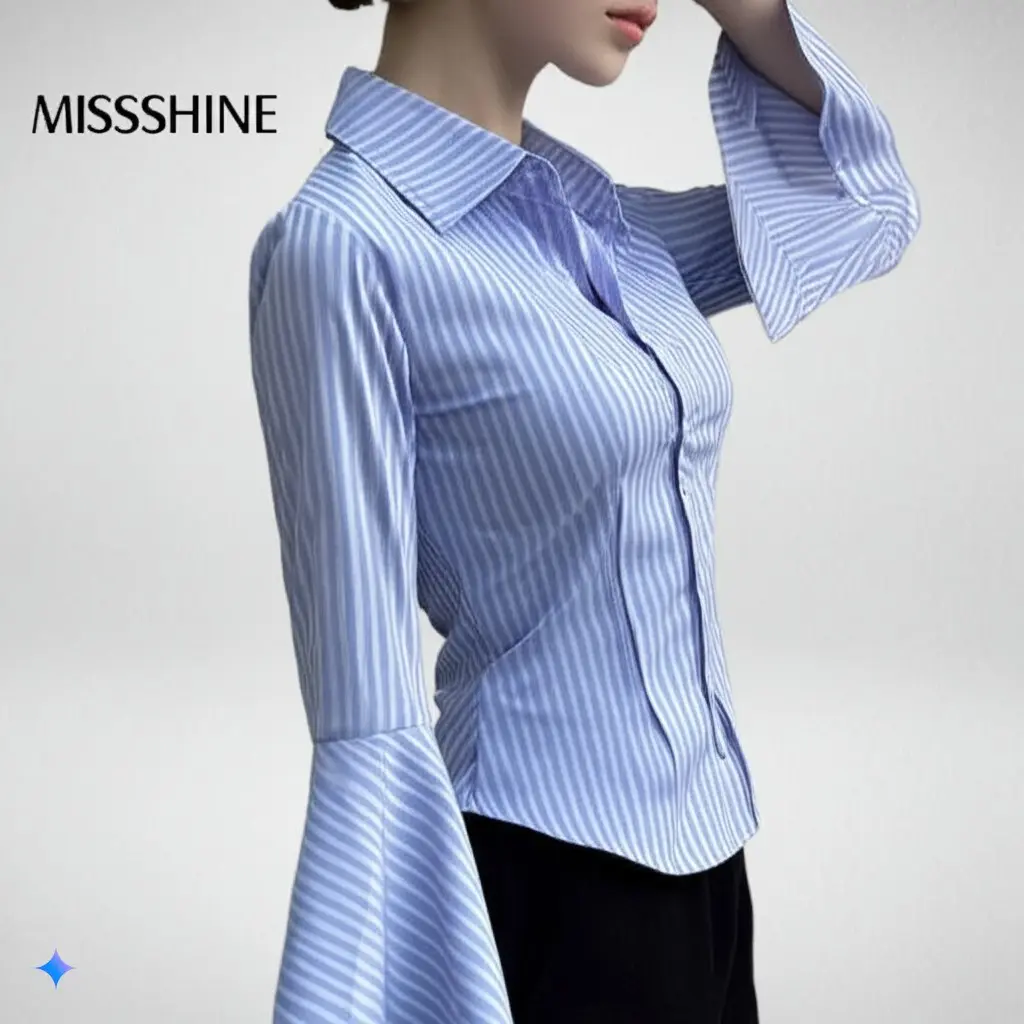 Missshine Magnet Shirt | Kemeja Kerja Wanita Press Body Pinstripe Salur Biru Berkaret Baju Panjang Tangan Bulat