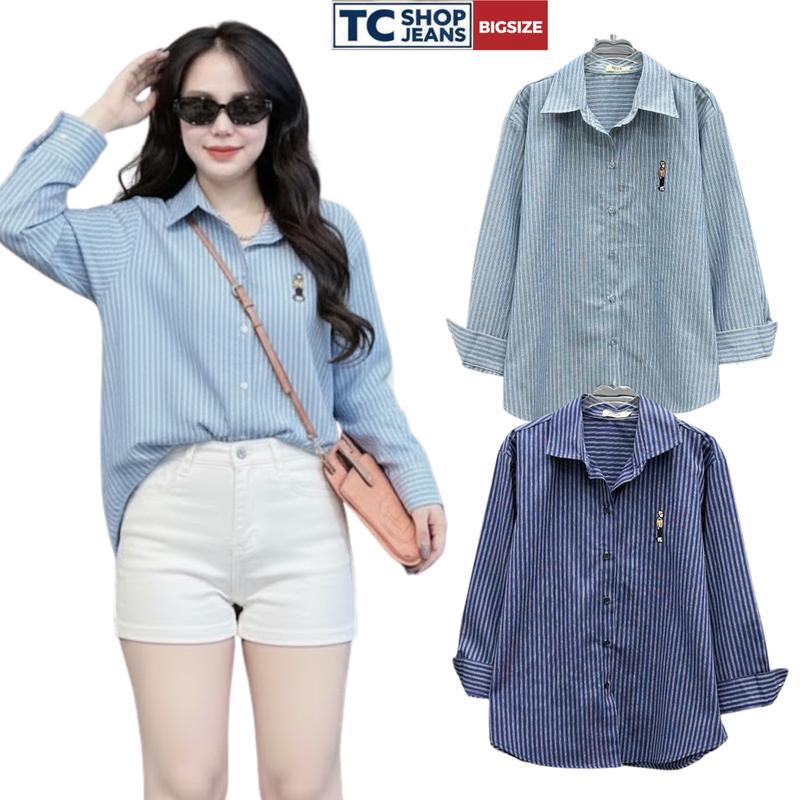 TCSHOPJEAN ÁO SƠ MI NỮ TAY DÀI BIGSIZE KẺ SỌC XANH CHẤT LINEN SỌC THÊU GẤU AT 9030