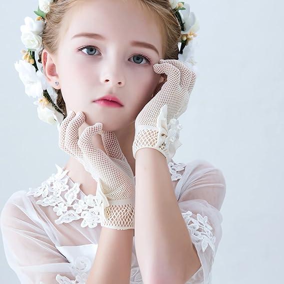 Găng tay ren lưới cho bé gái, 1 đôi, thích hợp cho tiệc trà, phong cách công chúa, có thắt nơ, cho bé gái, găng tay váy ngọc trai, thích hợp cho đám cưới và cuộc thi, cho bé gái từ 4 đến 16 tuổi 0