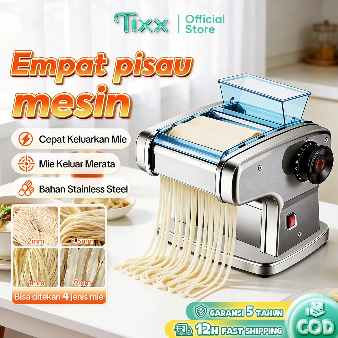 TIXX Mesin Pembuat Mi Listrik Tiga Mata Pisau Stainless Steel 316 Mi Lebar 2 2.5 4 9 mm 9 Level Ketebalan Adonan Hemat Listrik Bising Rendah Praktis Untuk Rumah Dapur Kualitas Tinggi Awet Tahan Lama Aman Digunakan Sehari Hari Untuk Membuat Mie Segar