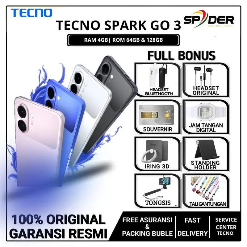 TECNO SPARK GO 3 RAM 4/64GB & 4/128GB ( 6.74 inches IPS LCD, 120Hz 13 MP ) GARANSI RESMI INDONESIA