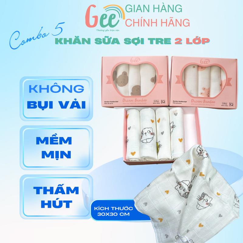  Khăn Sữa Xô Sợi Tre Hoạt Hình Vải Bamboo Đa Năng Cho Bé Trẻ Sơ Sinh Hai Lớp Cao Cấp 30x30cm G-ee Kids Hộp 5 Khăn 