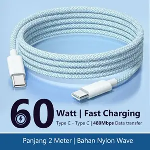 Kabel Data Type C to C 60W Super Fast Charging 2 Meter Bahan Nylon Wave Mendukung Transfer Data 480Mbps untuk Mac iPad iPhone & Android