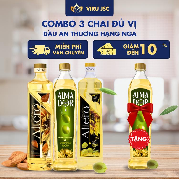   COMBO 3 TẶNG 1  - Dầu ăn ALTERO Hạnh Nhân & Ô Liu & Hướng Dương Cao Cấp - Chai 810ml - Nhập khẩu chính hãng Nga 