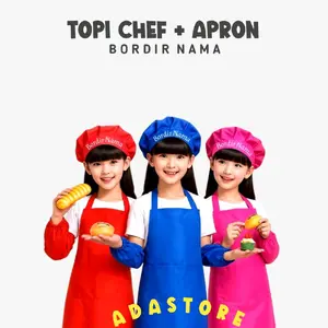 (TERMURAH) 1 Set Topi Koki + Apron/Celemek Anak TK/SD/PAUD Bebas Bordir Nama