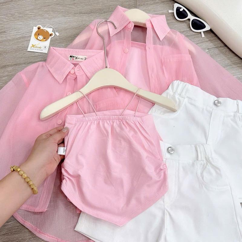 BN192 - Set 3 chi tiết bộ quần áo hai dây bún mix áo sơmi voan dài tay kèm quần short kaki cho bé gái diện mùa hè, đi biển (10-30kg) 2
