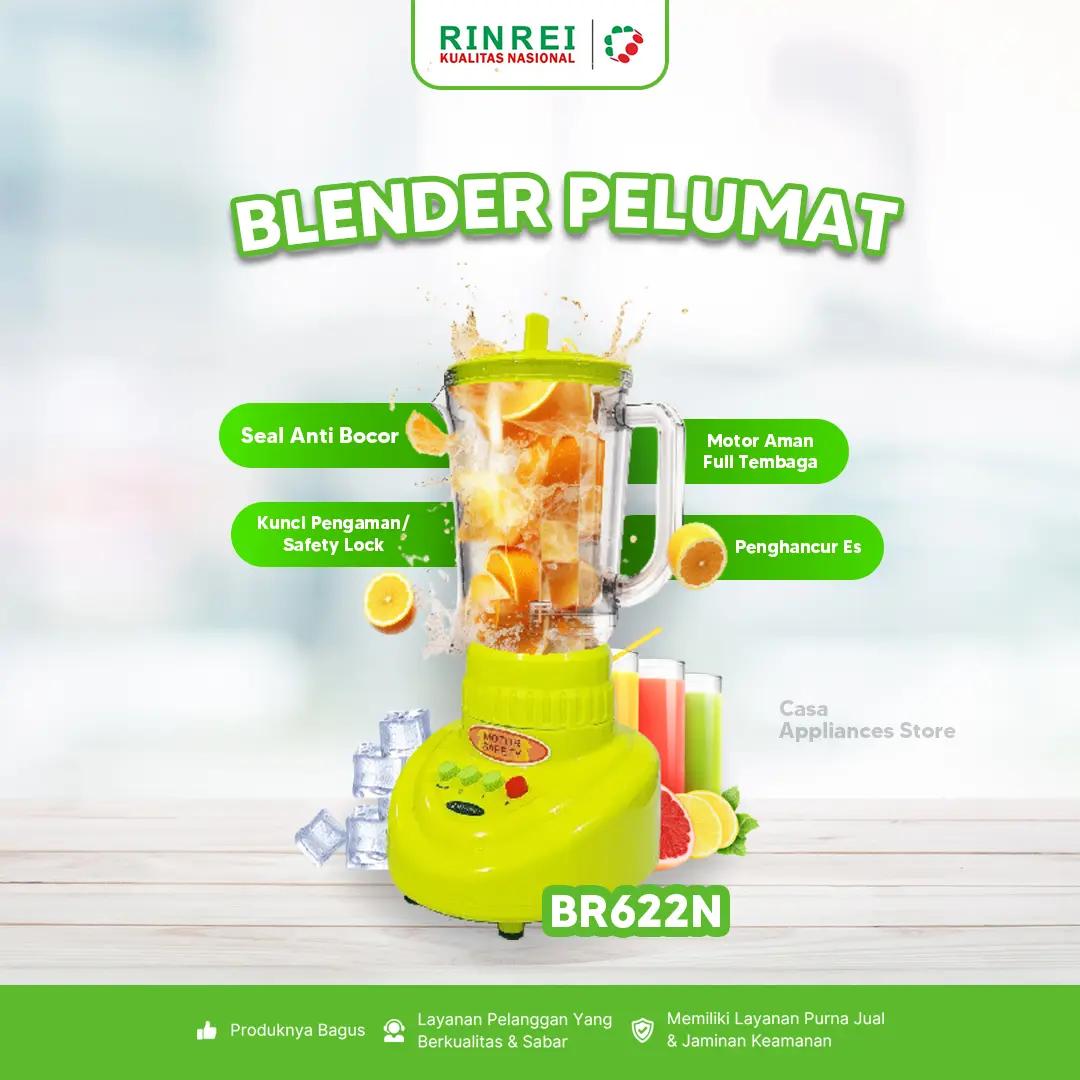 Blender Plastik Rinrei 4in1 BR 622 N Anti Pecah dengan Pisau Stainless Steel Tajam dan Motor Tembaga Kuat - 1 Set Lengkap Wadah Penghalus